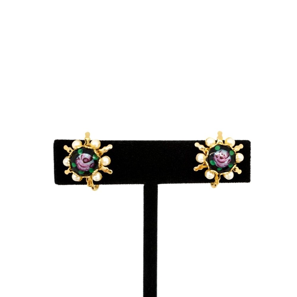 Vintage Enamel Earrings Rose Screw Back Faux Pearl Gold Tone Floral